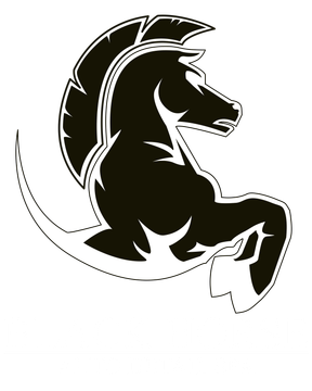 Black stylized horse logo rearing with a helmet-like crest on a white background