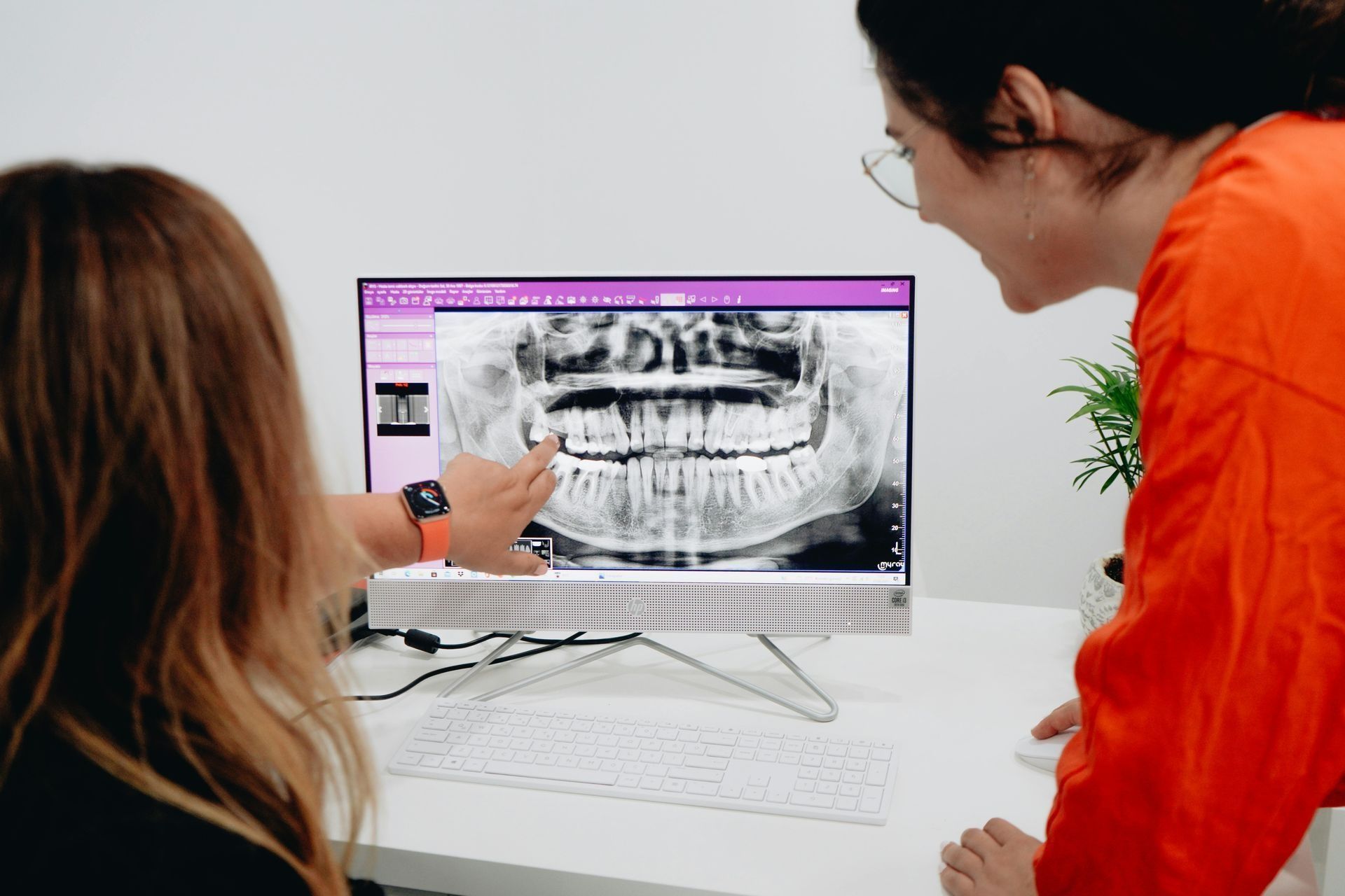 Two people look at a dental X-ray on a computer screen while one points to a specific tooth.