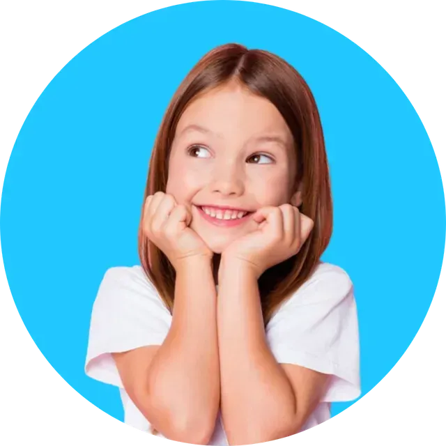 A person with long brown hair rests their chin on their hands, smiling and looking off to the side against a blue circle.