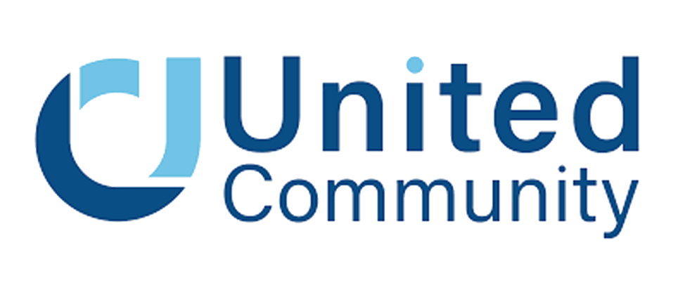 A blue and white logo for united community