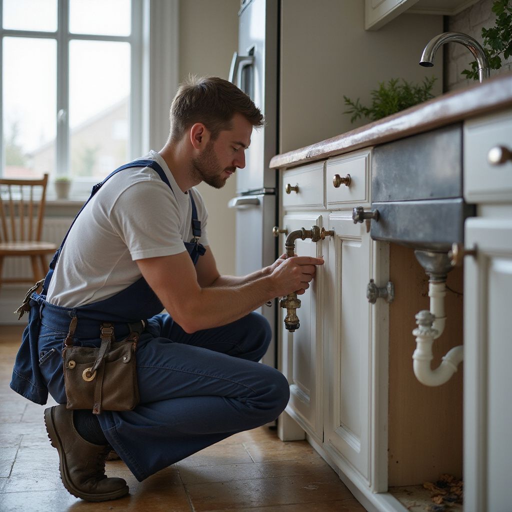 Un plombier est accroupi pour réparer des tuyaux sous un évier de cuisine. Il porte une combinaison bleue et une ceinture