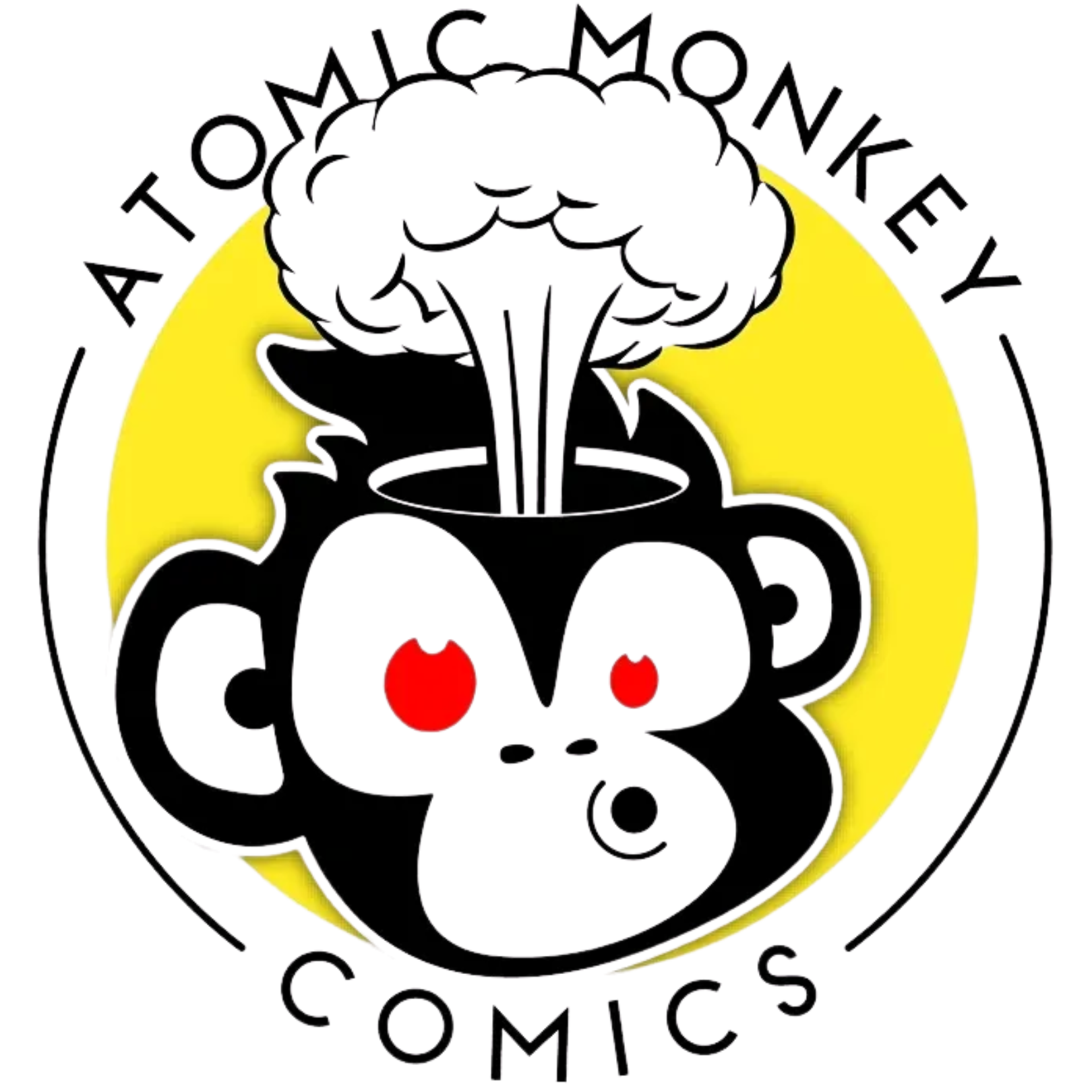 Atomic Monkey Comics logo: Monkey head with a brain-shaped explosion, yellow background, and text.