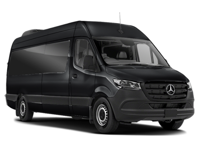 A black mercedes sprinter van is shown on a white background.