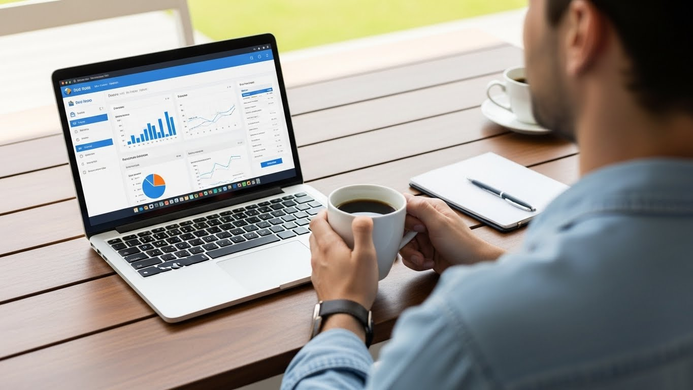 Man looking at a laptop with charts while holding a coffee mug; outdoors at a table.