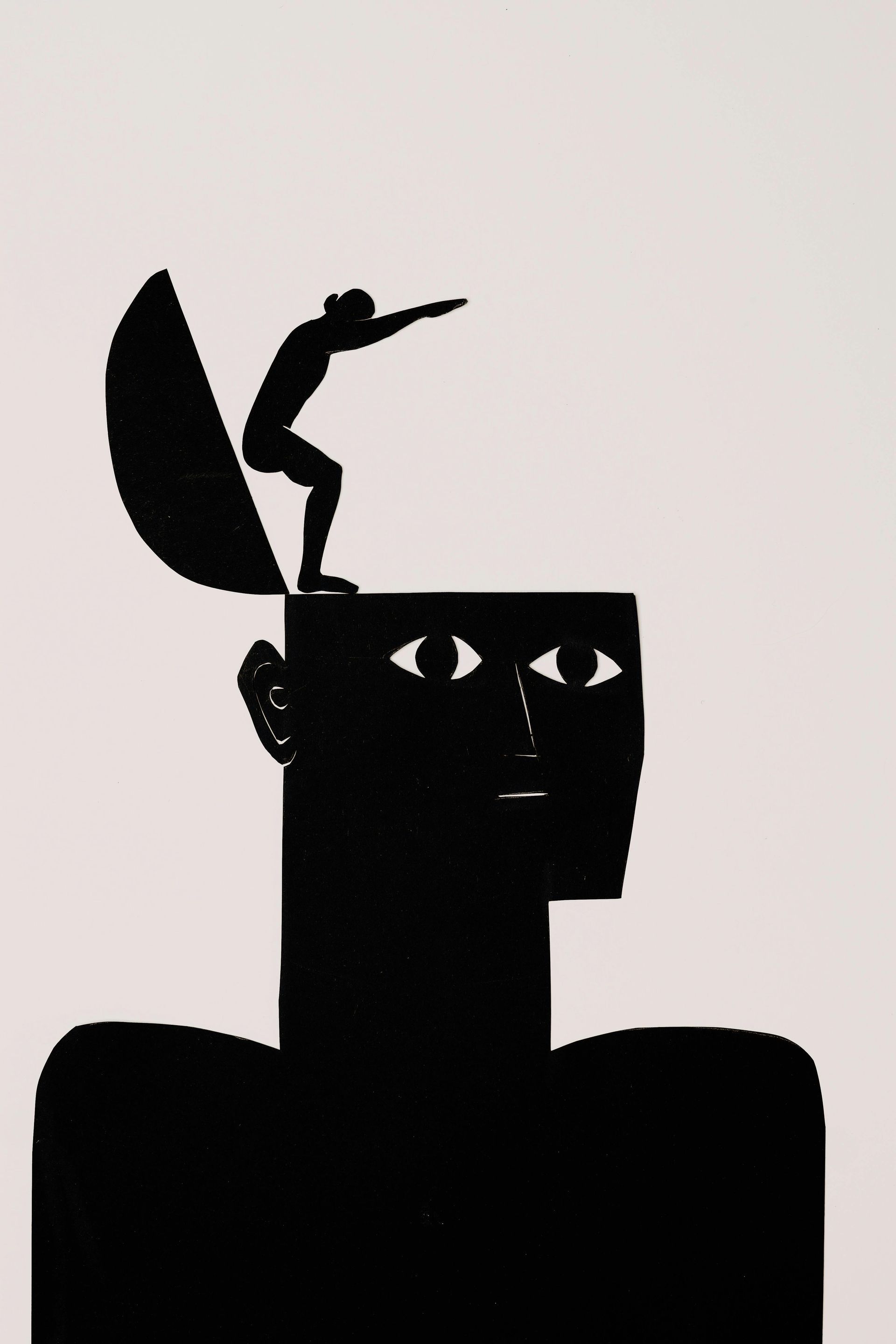 Silhouette of a person diving from the open top of a human head. Eyes are visible in the head.