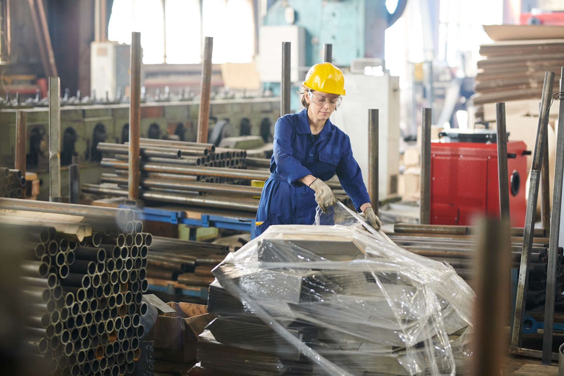Female worker, wearing safety gear, packs together some metal parts with plastic wrap.