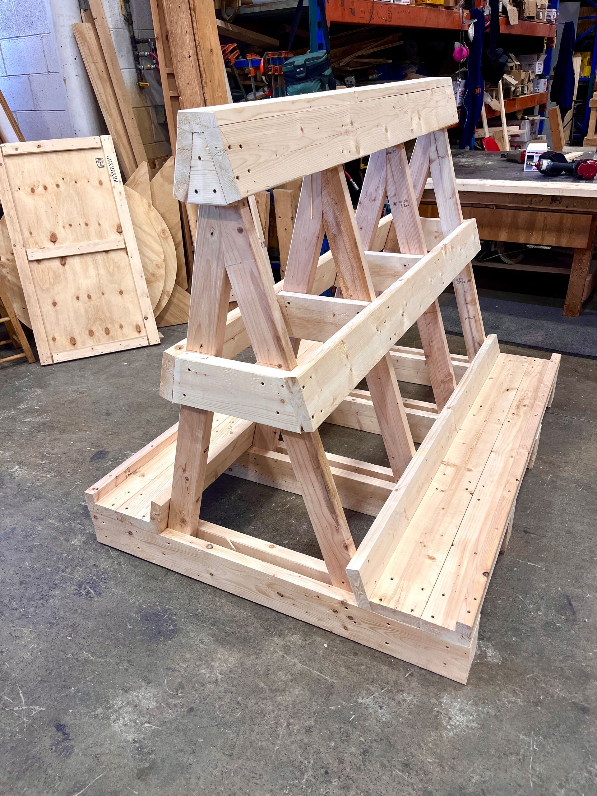 The A-frame glass storage rack, post-wood-assembly but before any felt was added.