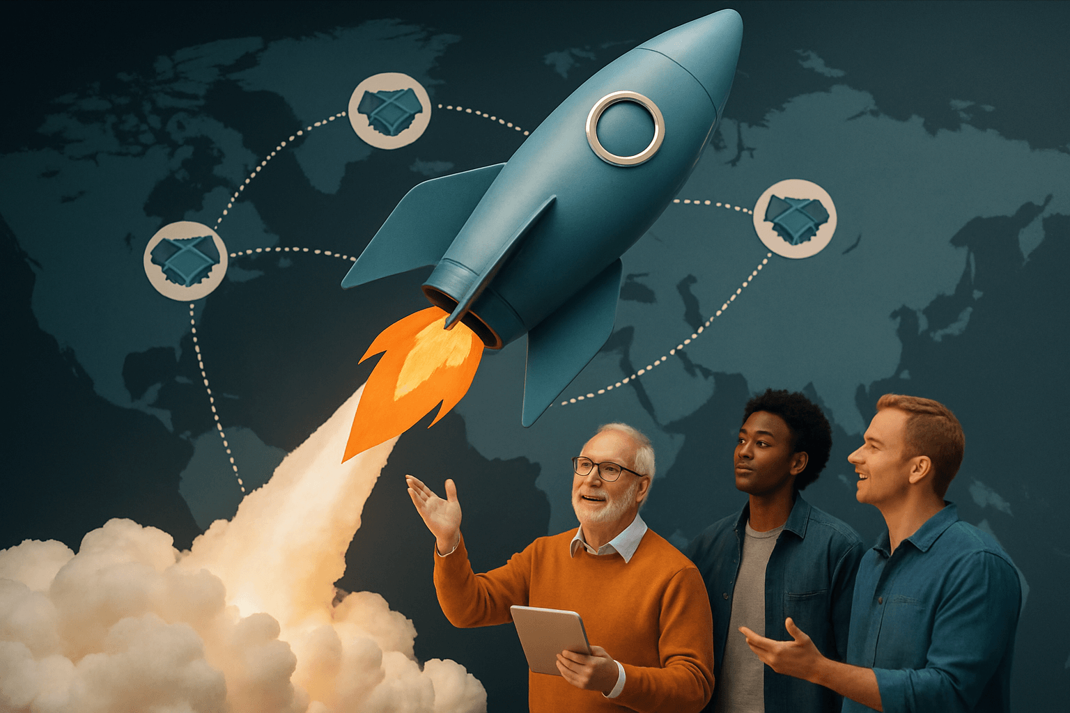 Three people watching a rocket launch with a global map background, symbolic of growth.