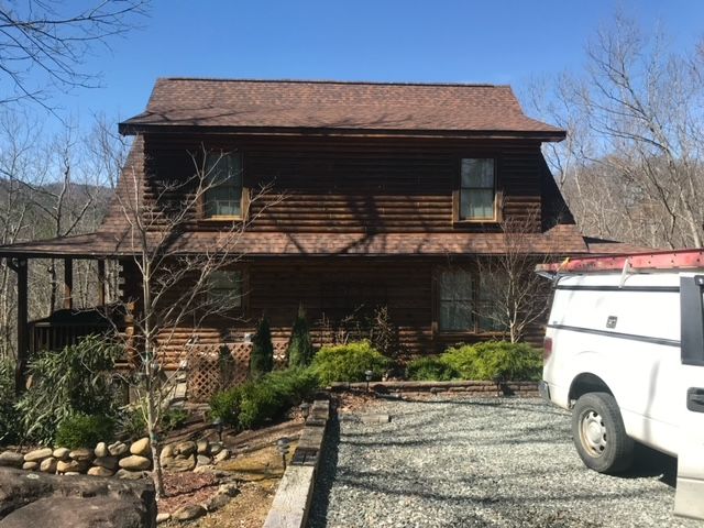 A White Truck Is Parked In Front Of A Log Cabin – Boone, NC – A Brush Above Painting