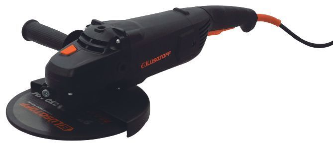 Amoladora angular Calibre negra y naranja, con mango lateral y cable de alimentación.