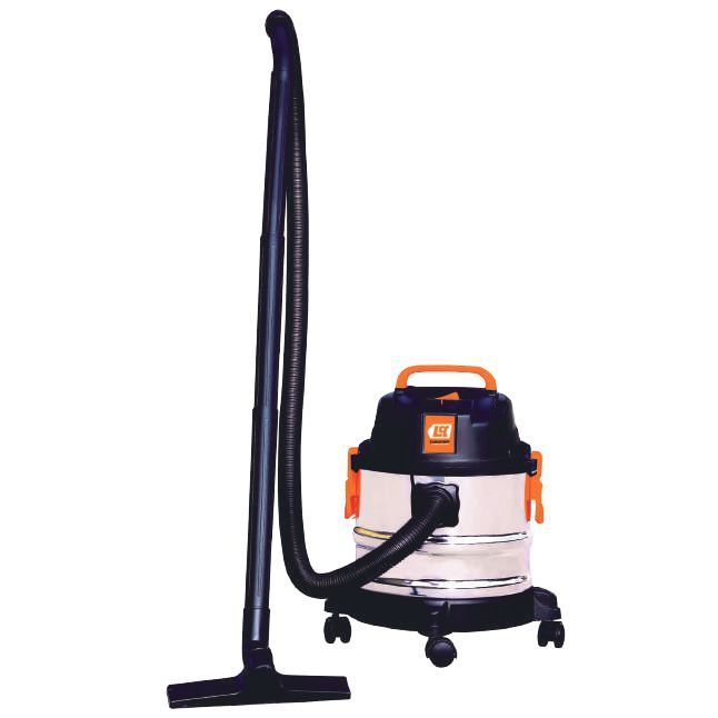 Aspiradora en seco y húmedo con manguera y mango negros, recipiente plateado sobre ruedas y detalles en color naranja.