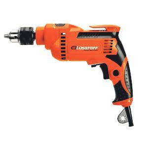 Taladro eléctrico de color naranja y negro con portabrocas y gatillo.