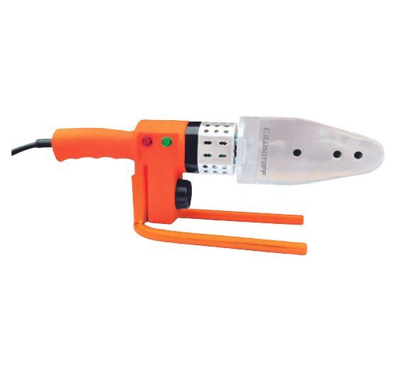 Herramienta para fusionar tubos de plástico de color naranja, con mango, elemento calefactor y soporte.