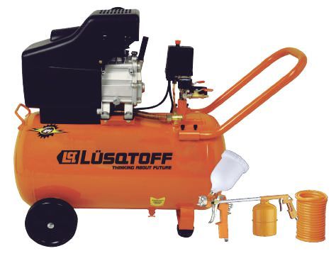 Compresor de aire Lüsatoff naranja con pistola pulverizadora, manguera y accesorios.