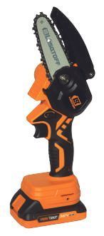 Motosierra inalámbrica de color naranja y negro con cadena.