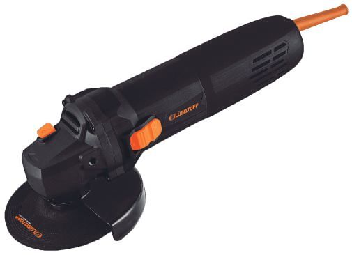 Amoladora angular de color negro y naranja con protección de seguridad, utilizada para amolar o cortar.