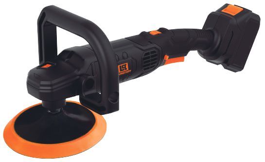 Pulidora de coche inalámbrica de color negro y naranja con mango y almohadilla de pulido incorporada.