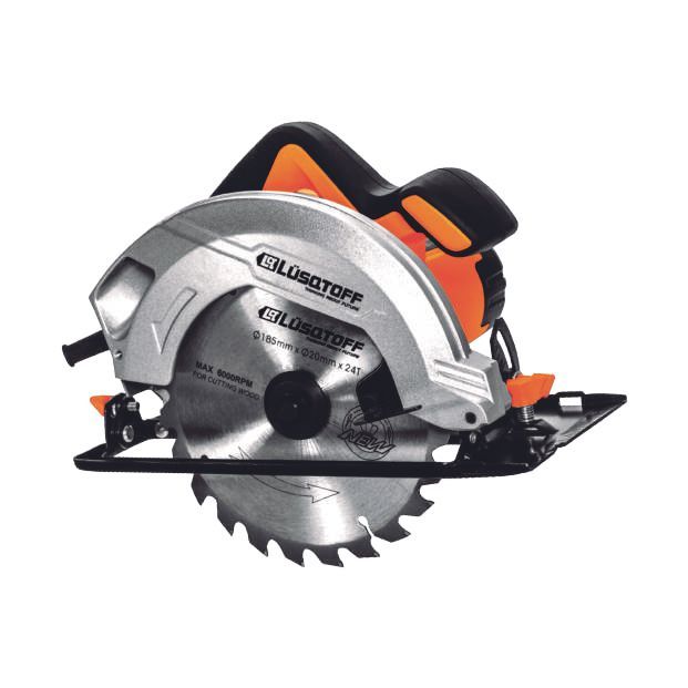 Sierra circular con hoja plateada, mango naranja y negro.