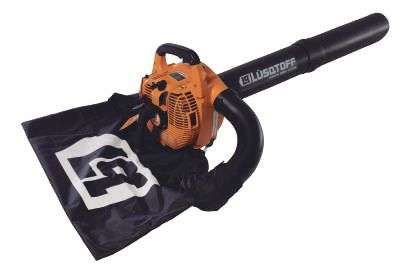 Soplador de hojas de color naranja y negro con una bolsa recolectora negra adjunta.