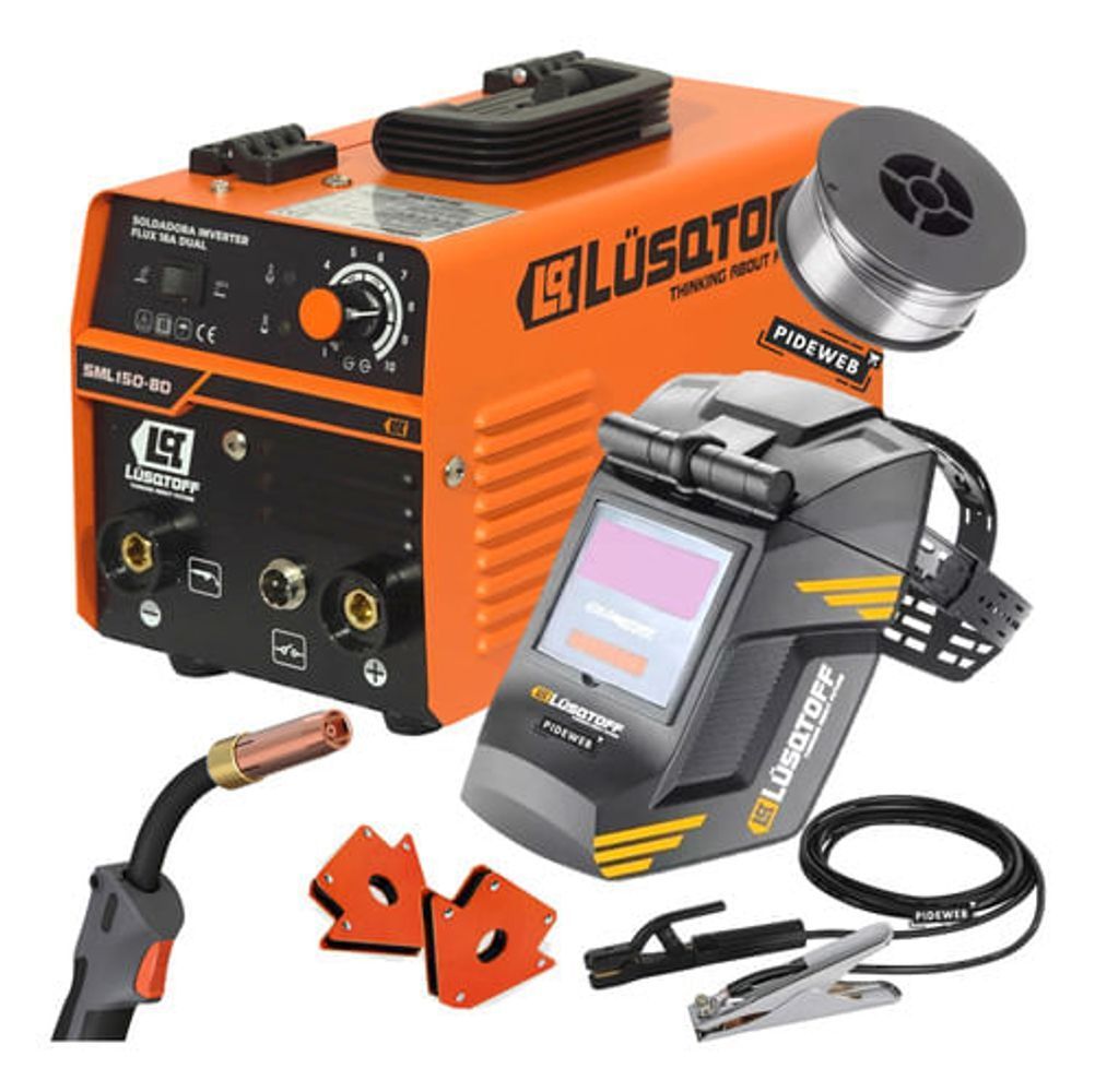 SOLDADORA MIG FLUX150 + ROLLO DE ALAMBRE + ESCUADRAS + MÁSCARA