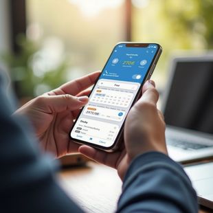 Person holding smartphone displaying a blue app with calendar and data. Laptop in background.