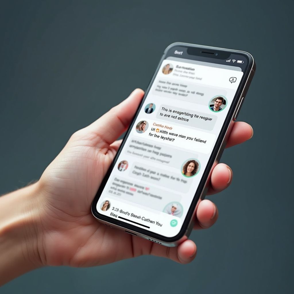 Hand holding a smartphone displaying a chat app with multiple user profiles and message threads.