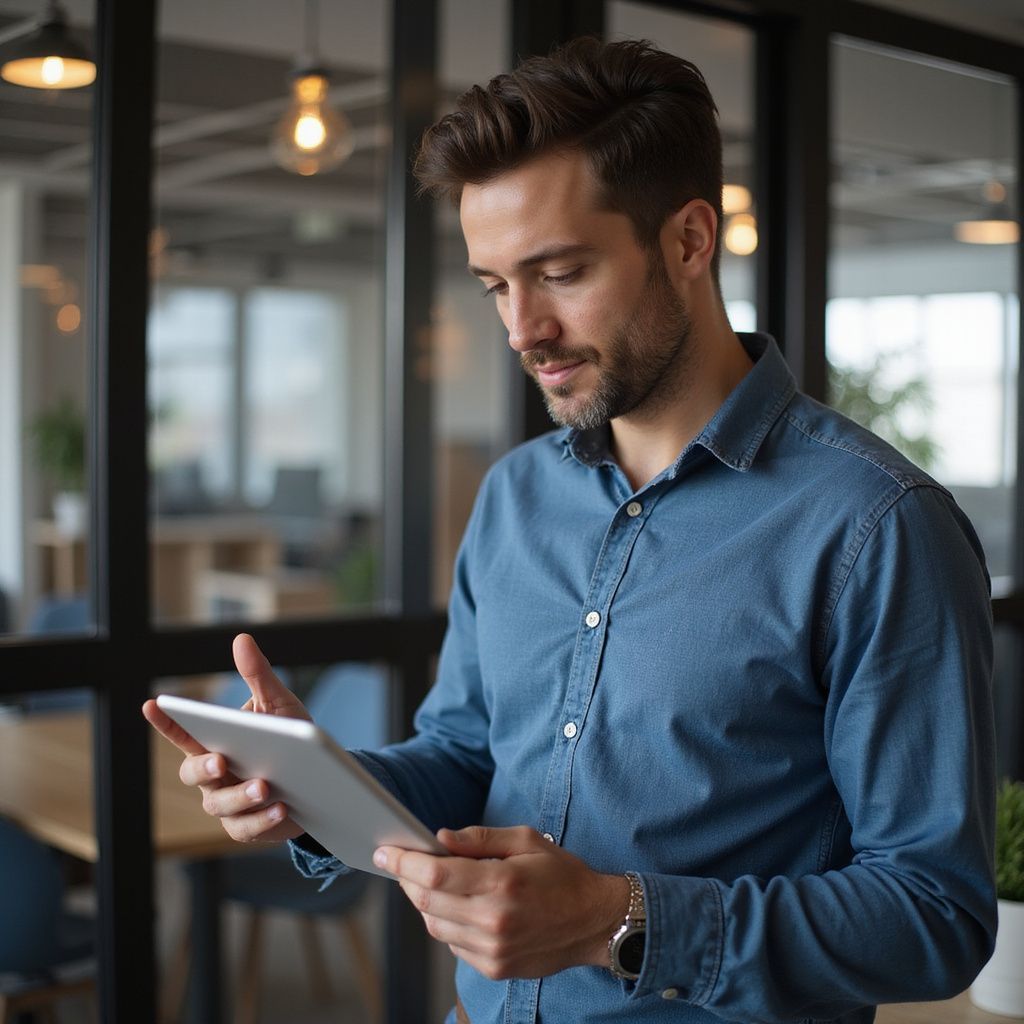 Man in a blue shirt looking at a tablet, indoors.