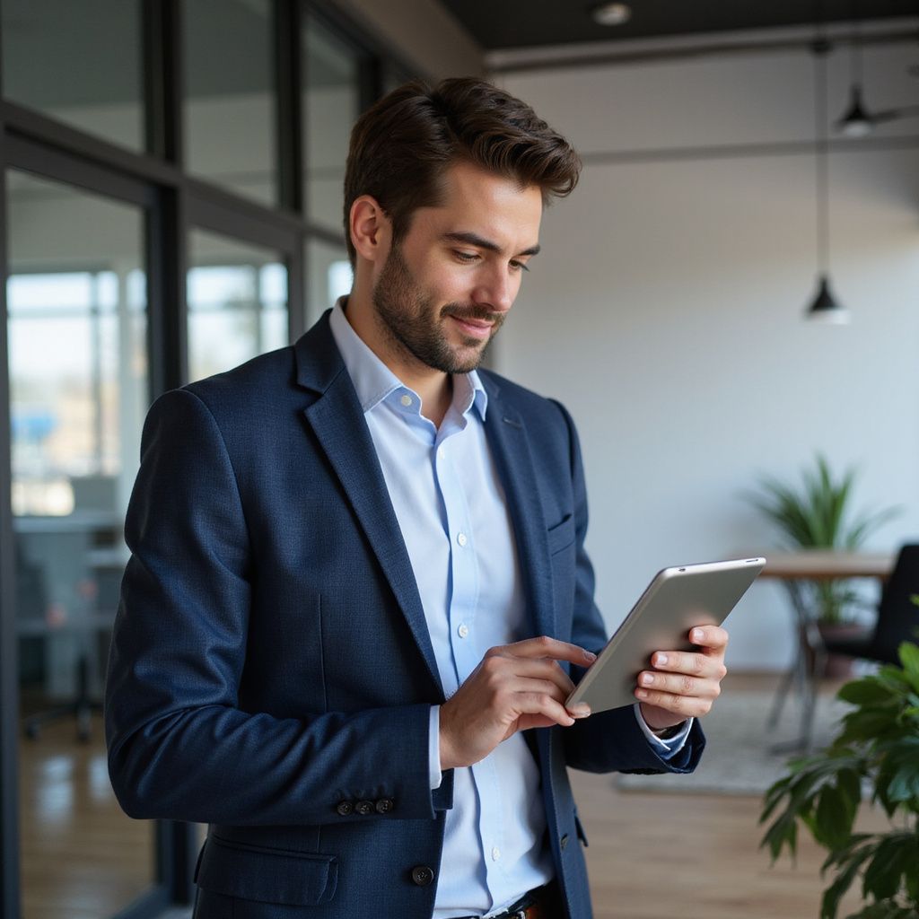 Man in blue suit, smiling, using a tablet in an office setting.