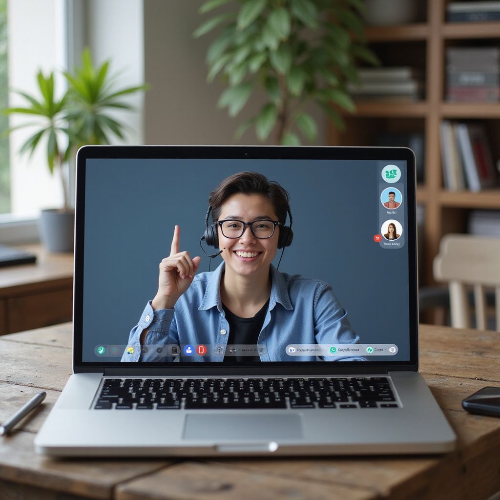 Laptop showing person on video call smiling and pointing; desk in home office.