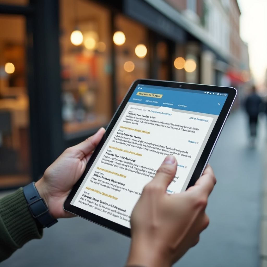 Person holding a tablet outdoors, viewing emails. Tablet screen shows a list of messages.