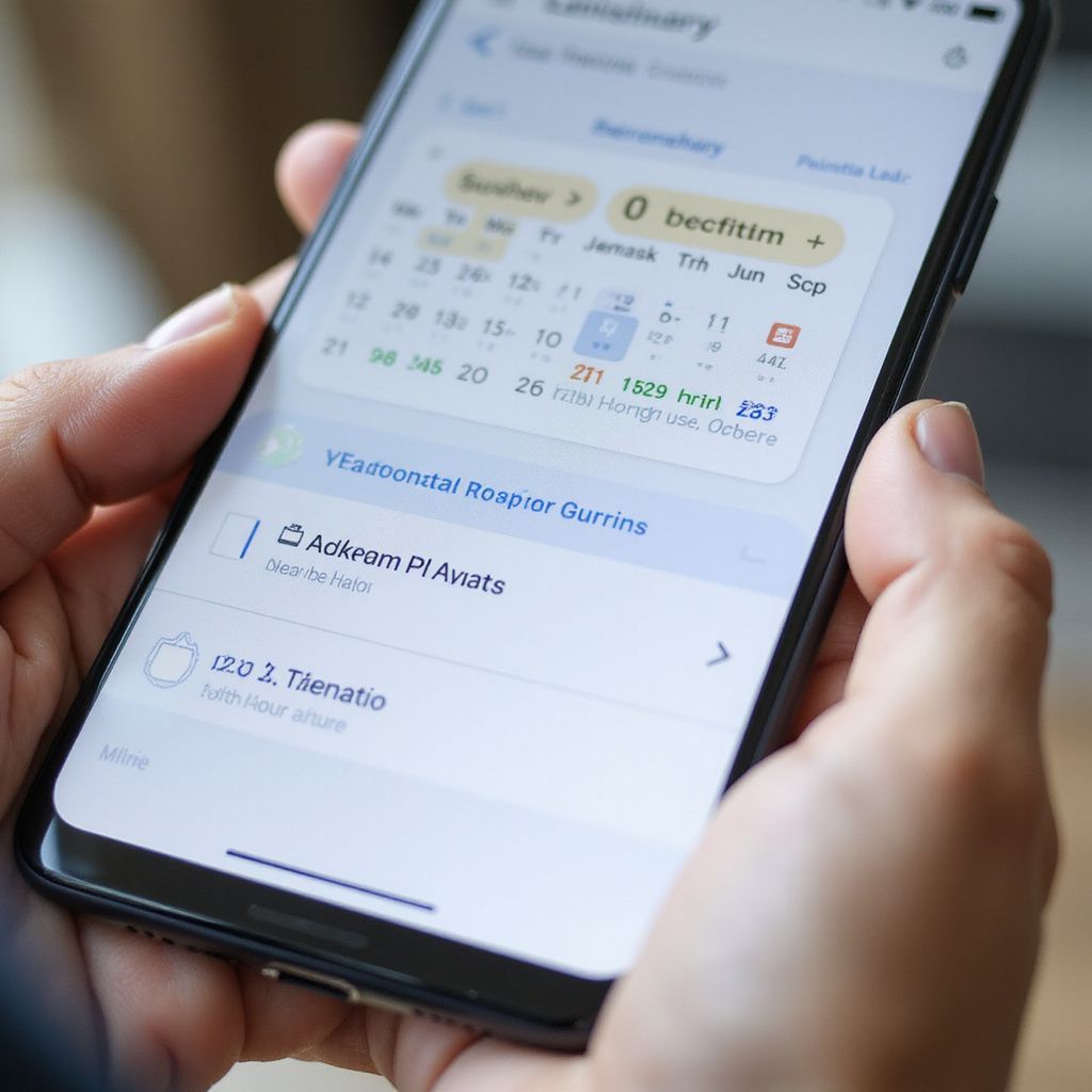 Person holding a smartphone displaying a calendar with entries.