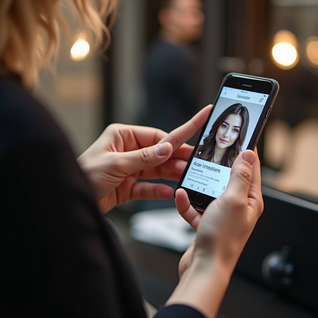 Person holding a smartphone, displaying a dating profile of a woman with long hair; interior setting.