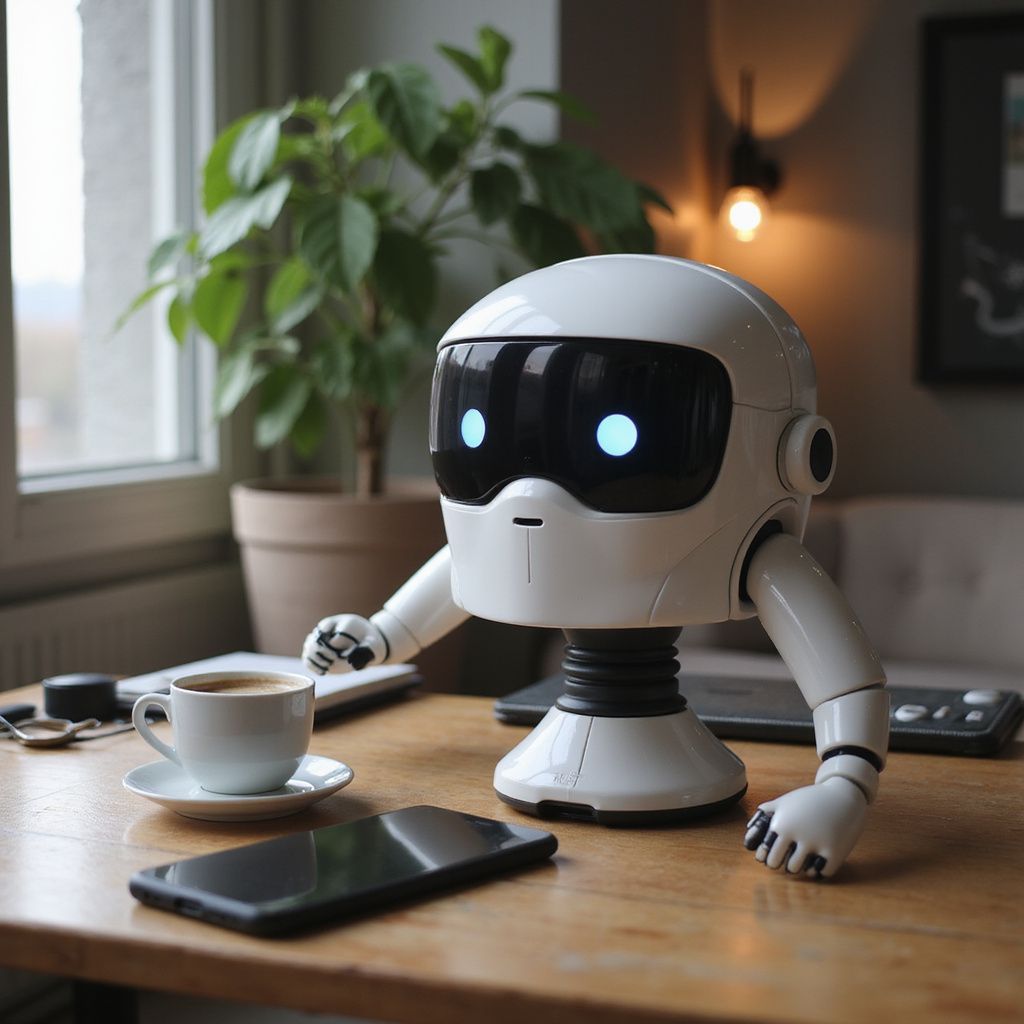 White robot with glowing blue eyes, sitting at a desk with a coffee cup and phone.