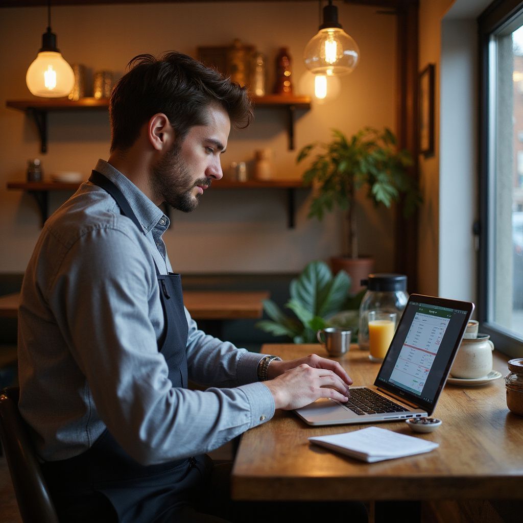 Man in apron working on laptop at a cafe table, with coffee and orange juice.