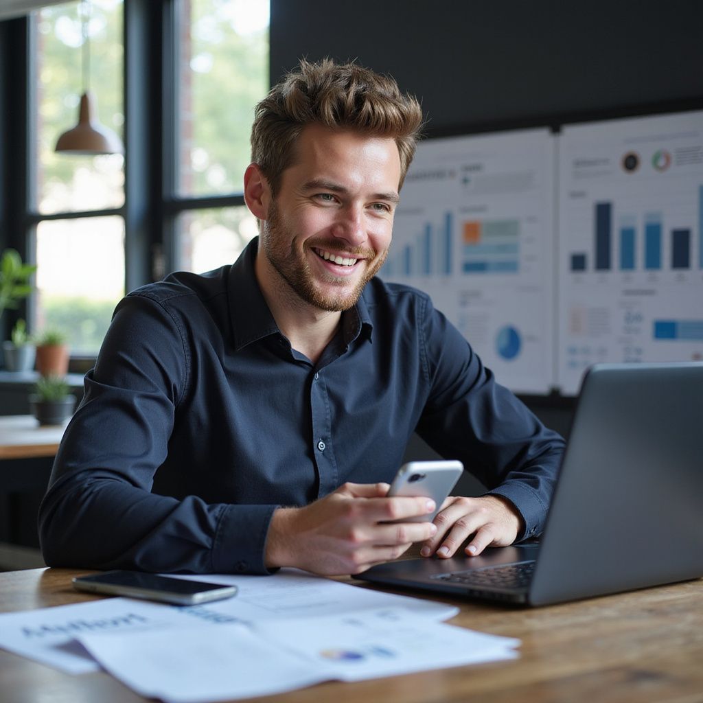 Man smiling, using phone and laptop at desk in office. Charts on the wall.