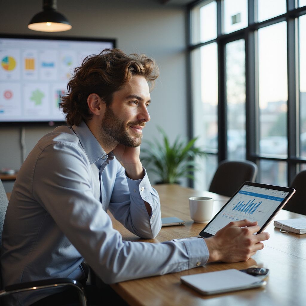 Man in blue shirt smiles, reviews tablet with charts in a modern office, near window and a screen.