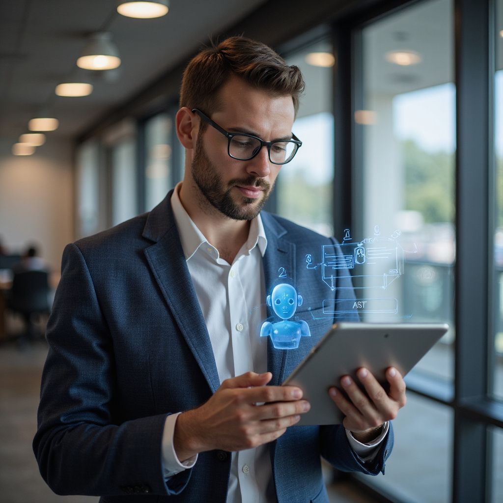 Man in suit with glasses, using a tablet, with a digital avatar hovering over the screen in an office setting.