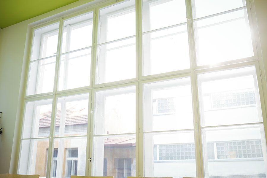 Large, white-framed grid window showing a view of neighboring buildings and bright, diffuse daylight.