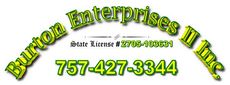 Logo for Burton Enterprises II Inc with phone number 757-427-3344 and state license number 2705-103631 in lime green.
