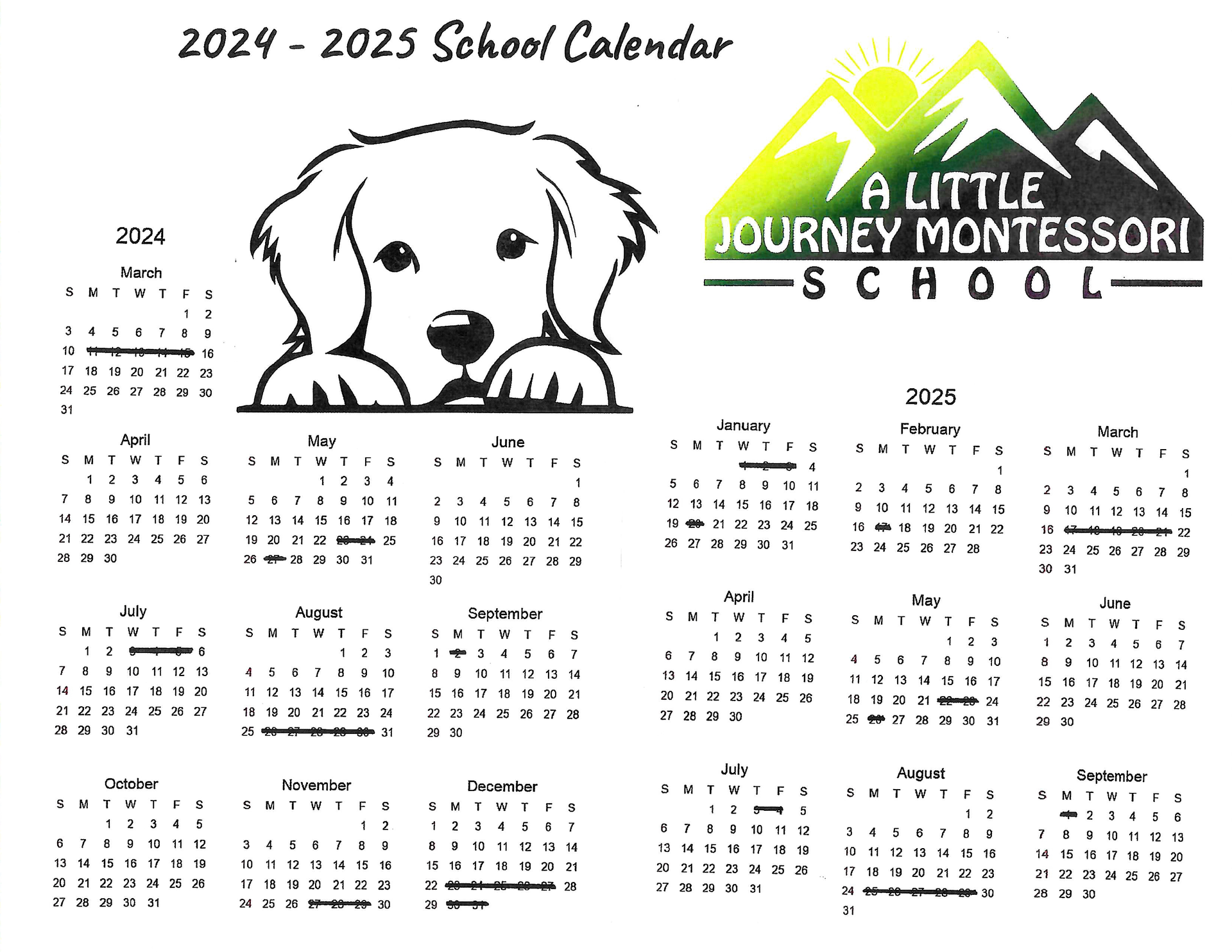 A calendar for a little journey montessori school with a dog on it.