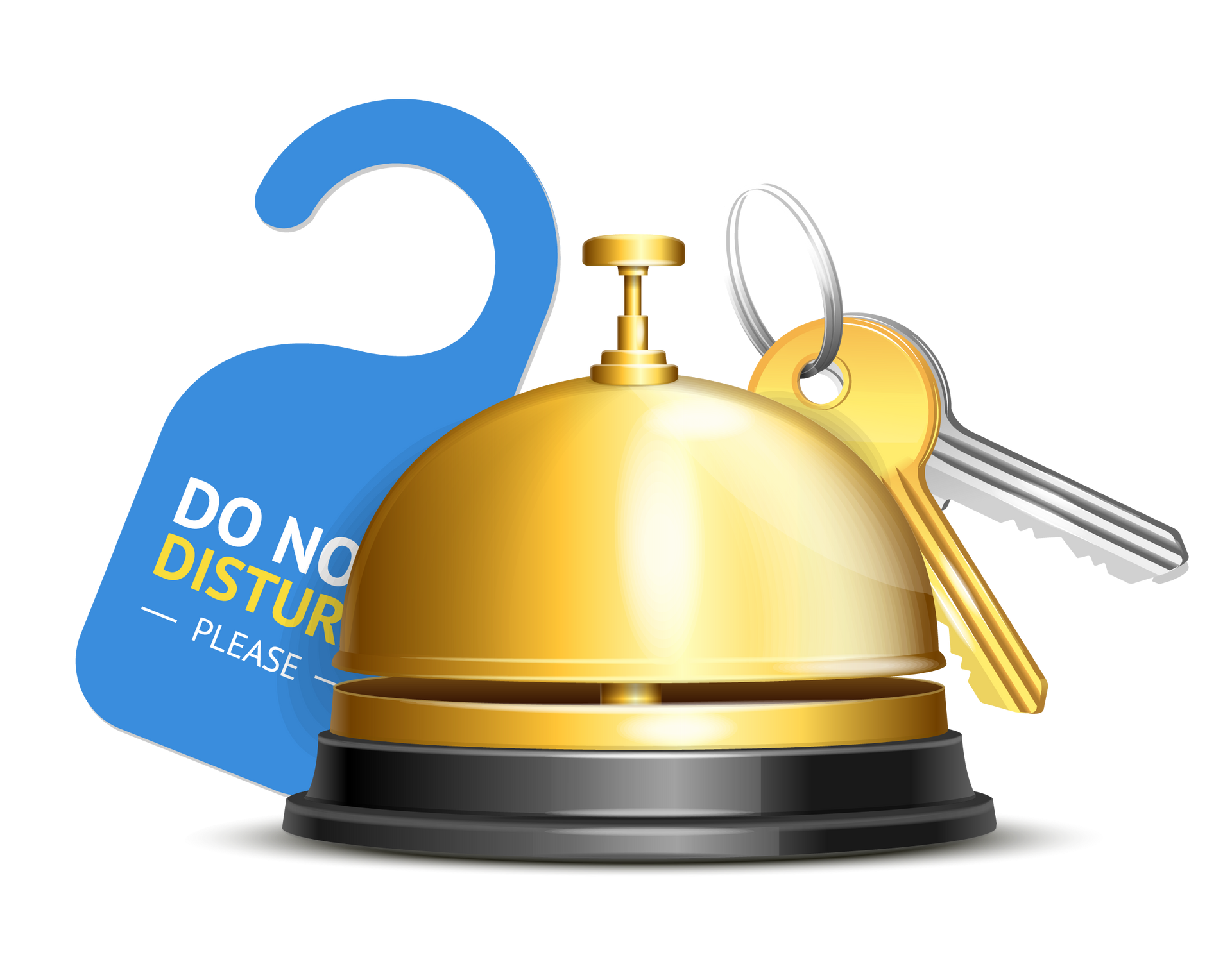 A hotel bell with keys and a do not disturb sign.