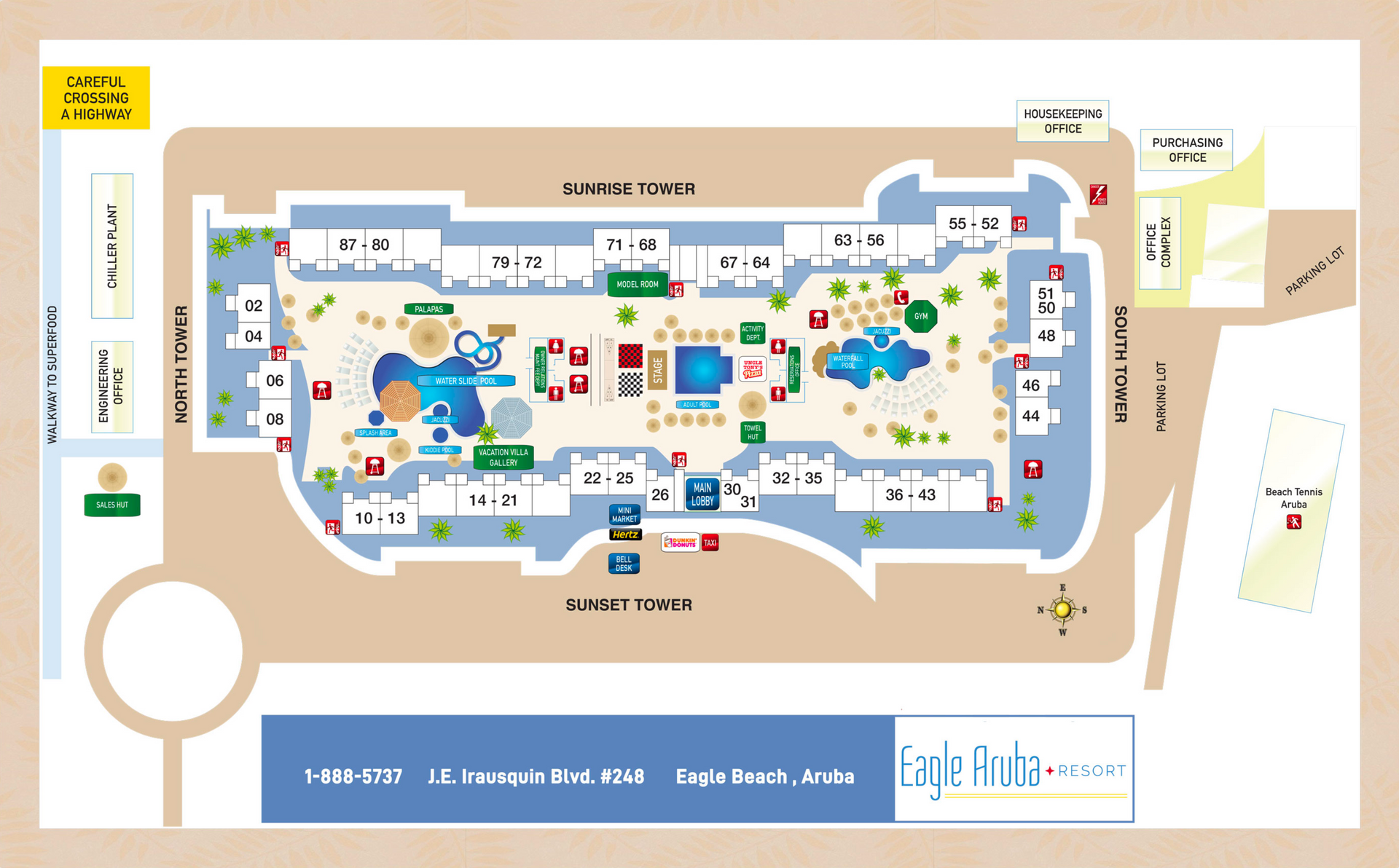 A map of a hotel with a lot of buildings and swimming pools