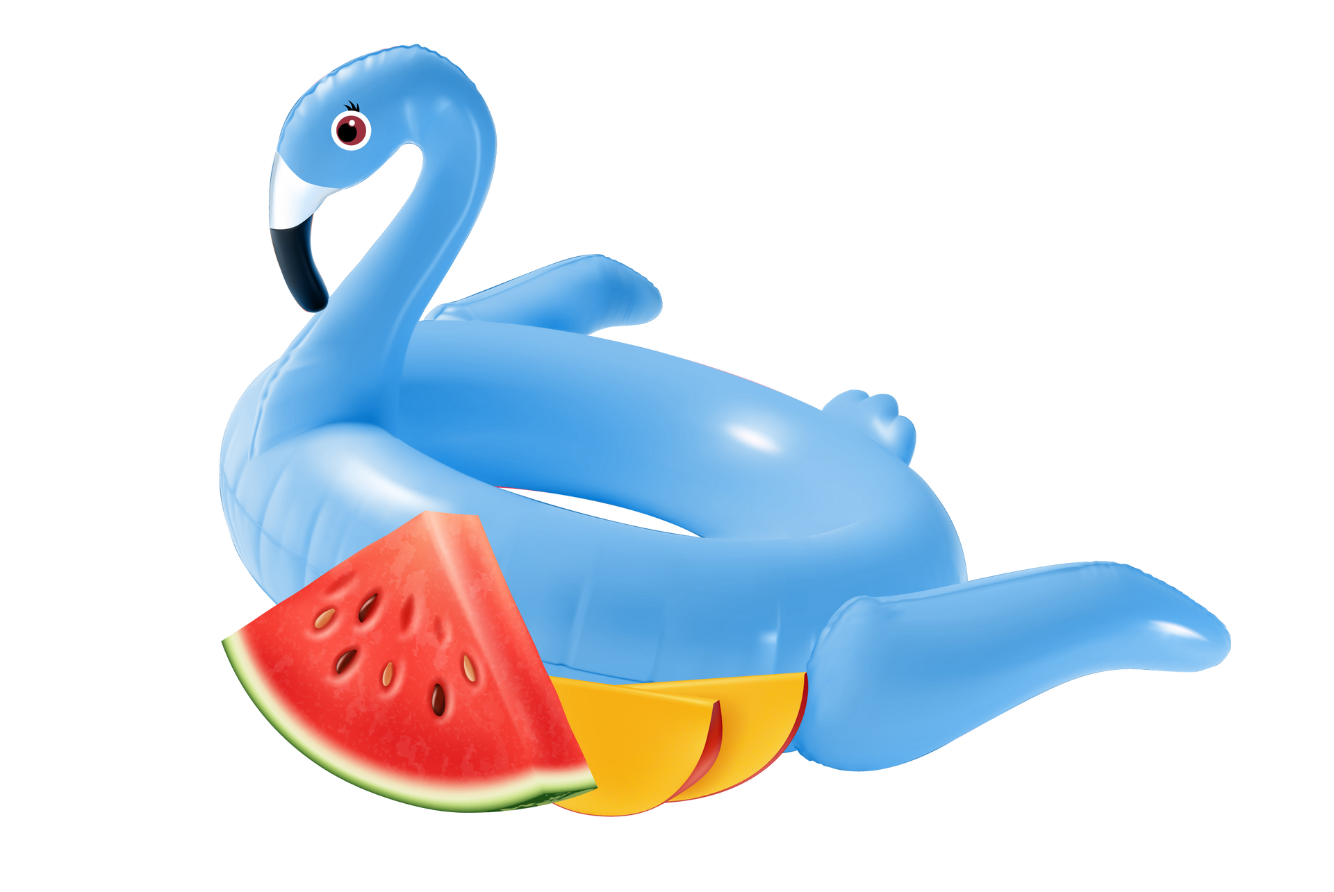 A blue flamingo float with a slice of watermelon on it.