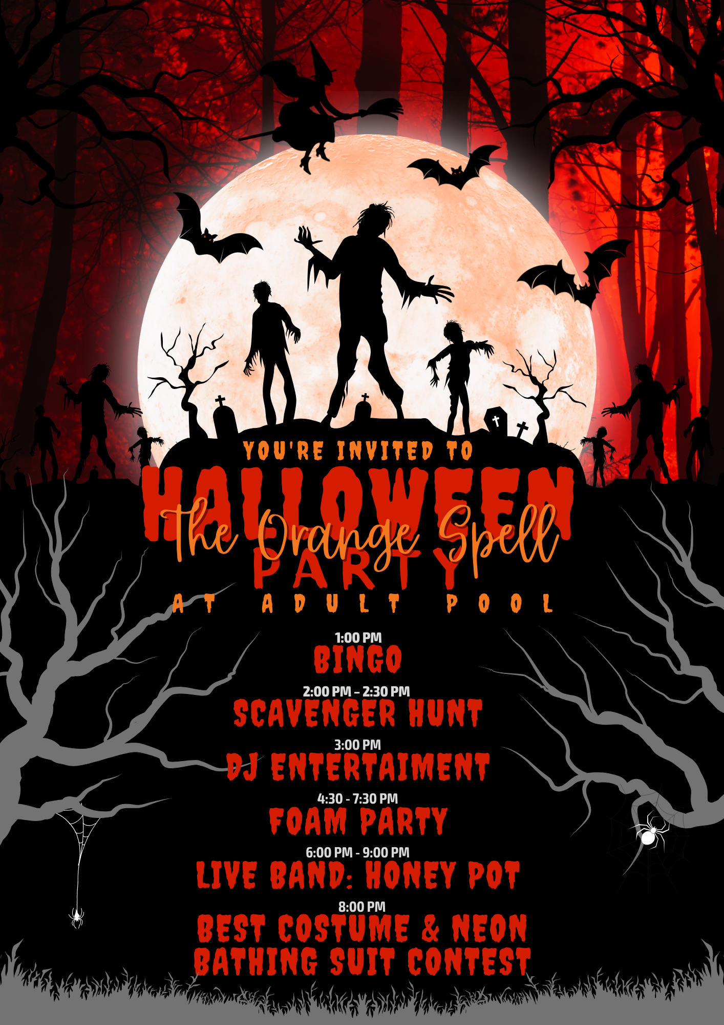 Halloween party flyer with zombies, bats, and moon. Activities include bingo, scavenger hunt, foam party, and live band.