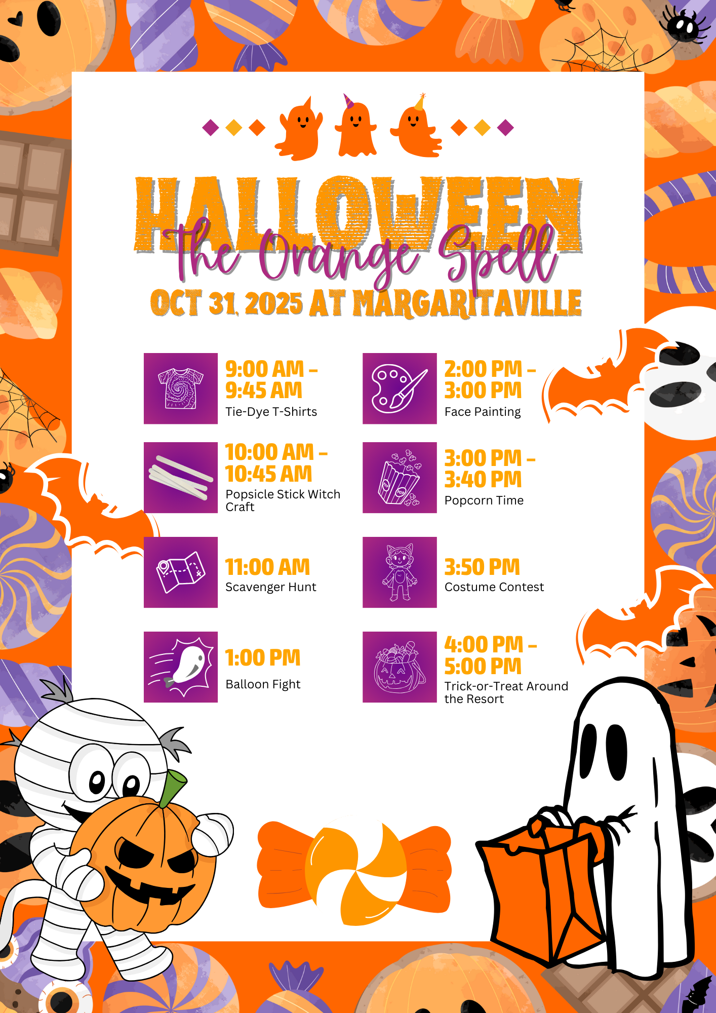 Halloween event flyer at Margaritaville with schedule. Orange and purple colors, Halloween characters.