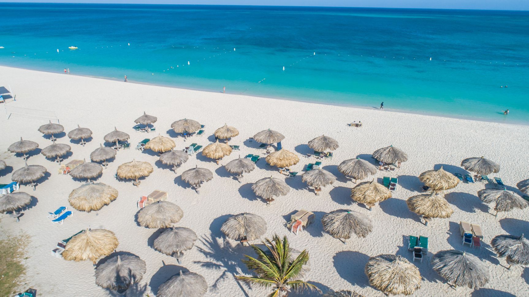 An aerial view of a beach with umbrellas and chairs.