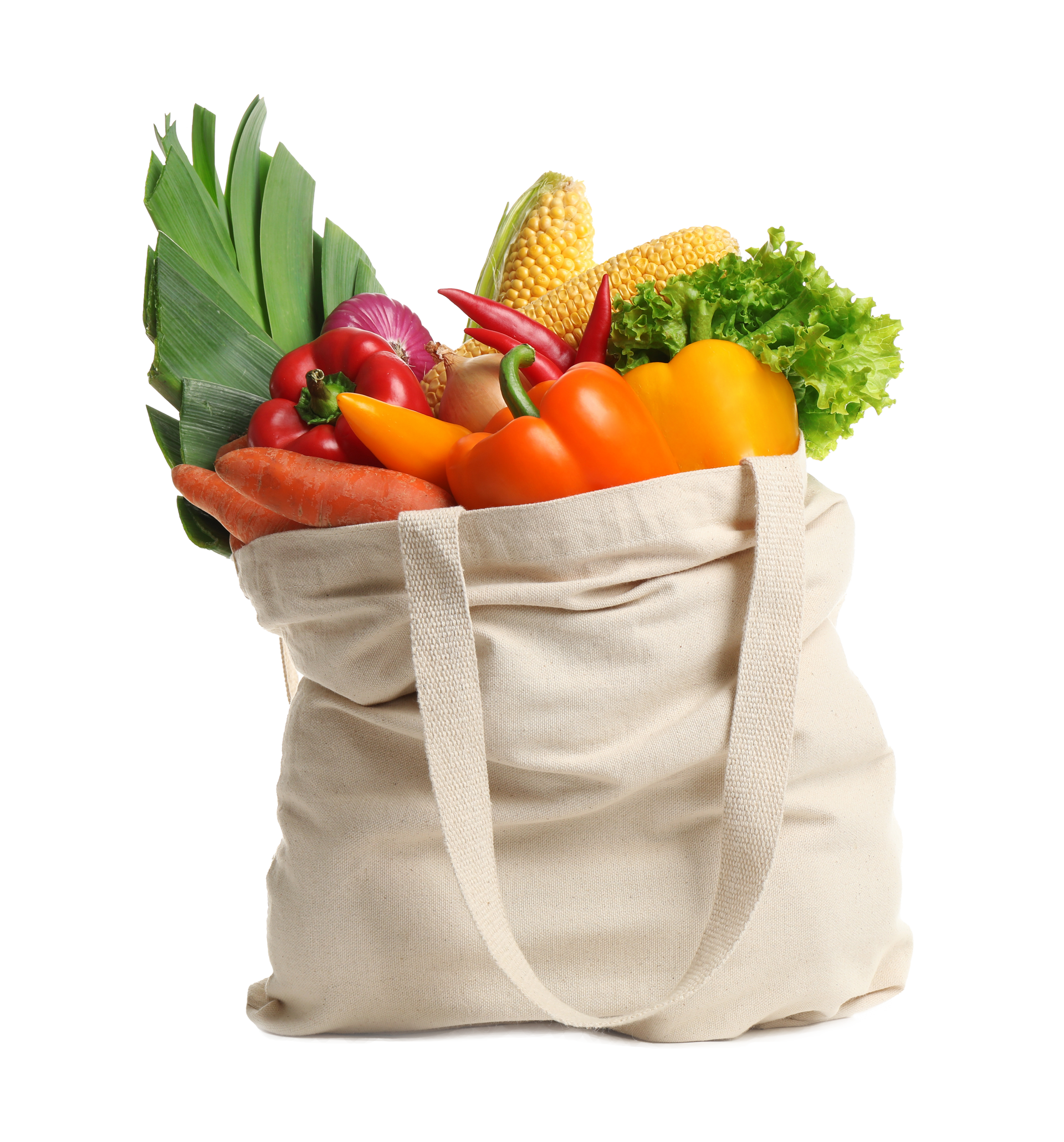 A bag filled with vegetables on a white background.