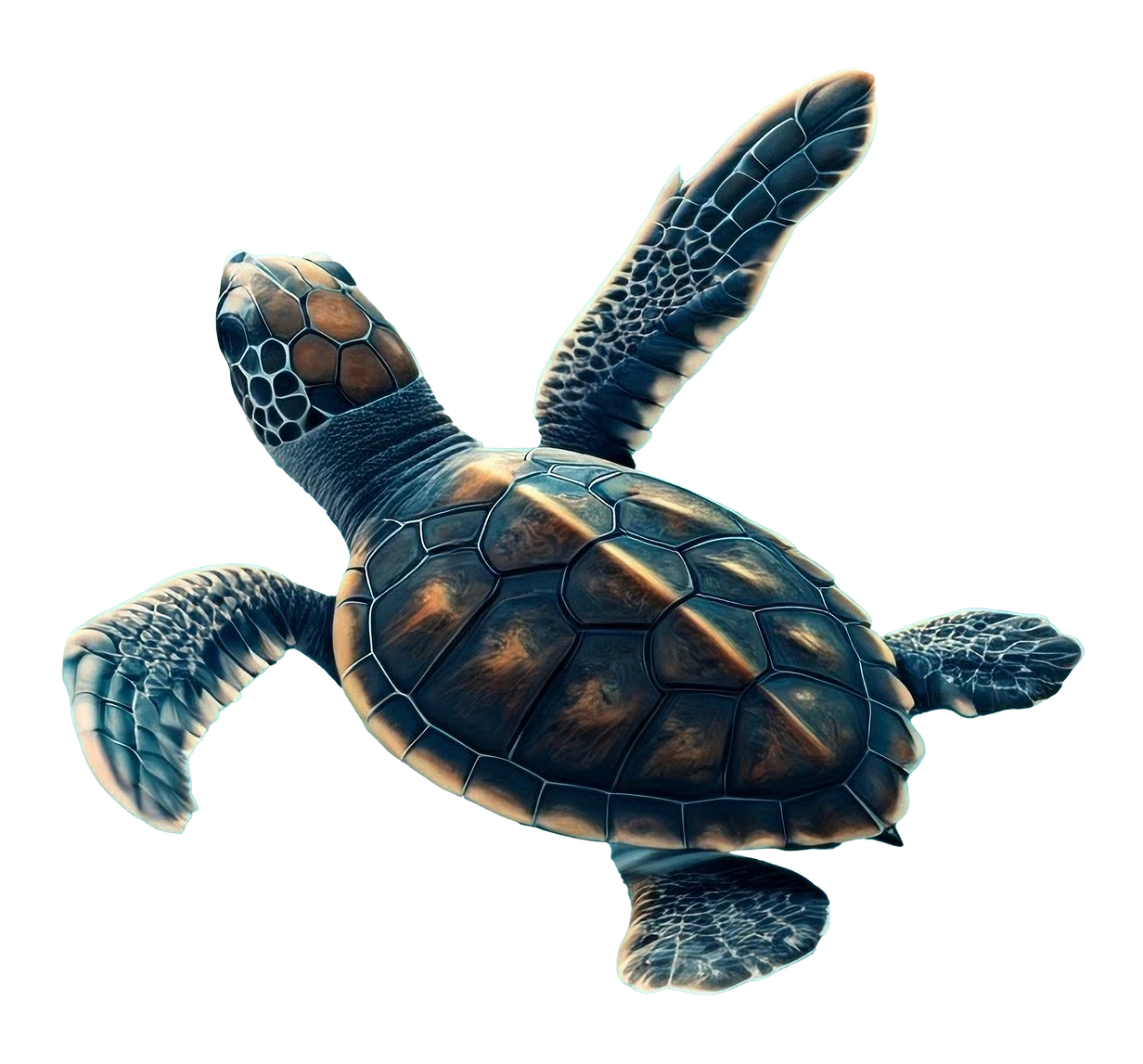 A sea turtle with its wings outstretched on a white background