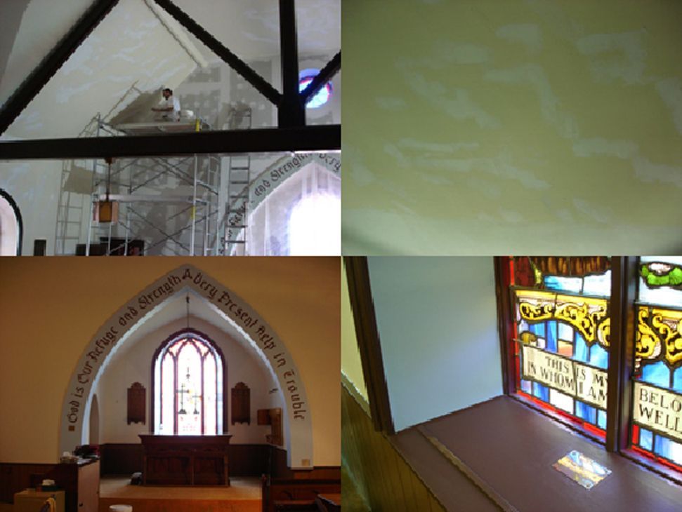 A collage of four pictures of a church including a stained glass window