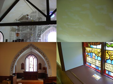 A collage of four pictures of a church including a stained glass window